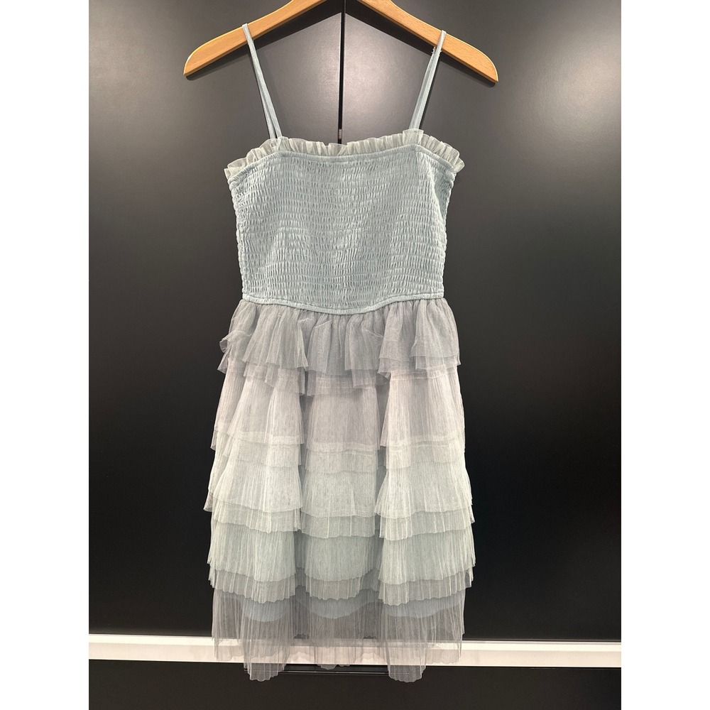 Storia Ombre Tiered Tulle‎ Mini Dress Dusty Blue Smocked Ruffle SD2455B Small